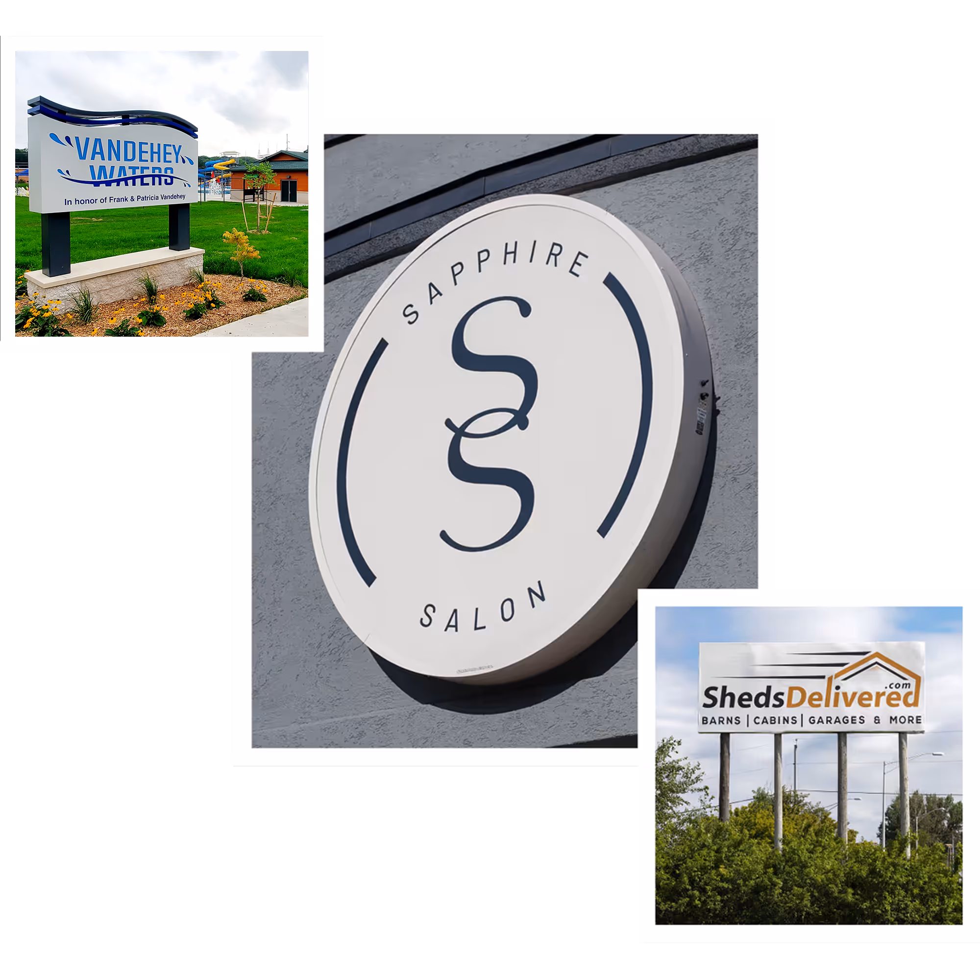 Collage of three business signs: Vandehey Waters water park sign on grass, round Sapphire Salon wall sign, and a Sheds Delivered billboard above trees.