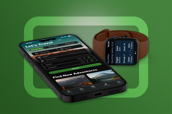 Smartphone displaying a travel booking app and a smartwatch showing flight details against a green background.