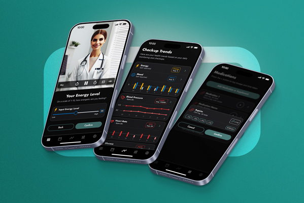 Three smartphones displaying a health app interface with a video call to a doctor, energy level input, health checkup trends charts, and medication management.