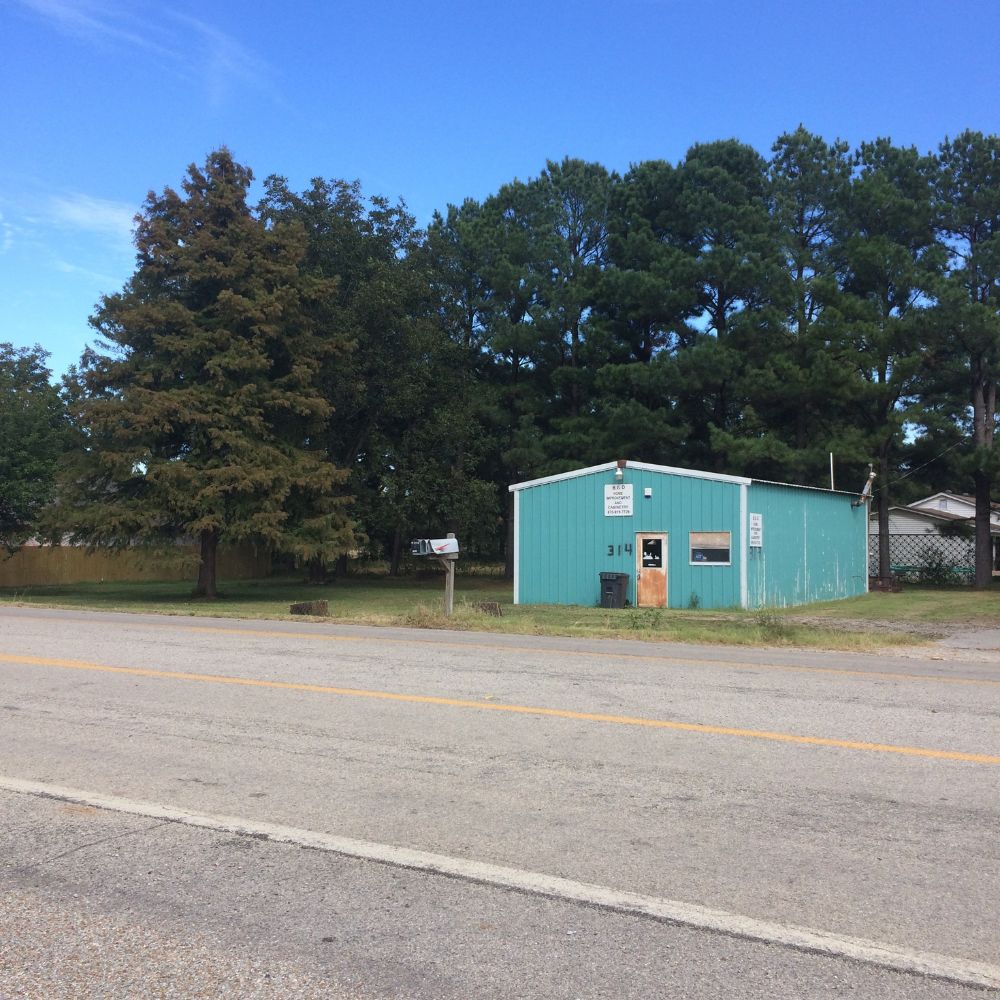 teal building with large trees removed