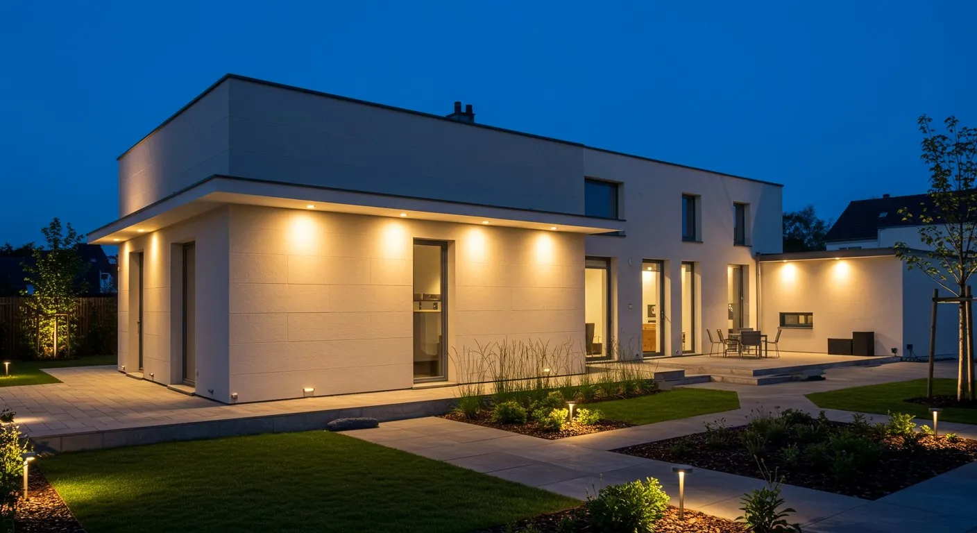 Modern house at dusk with warm exterior lighting, flat roof, large windows, and landscaped garden. 