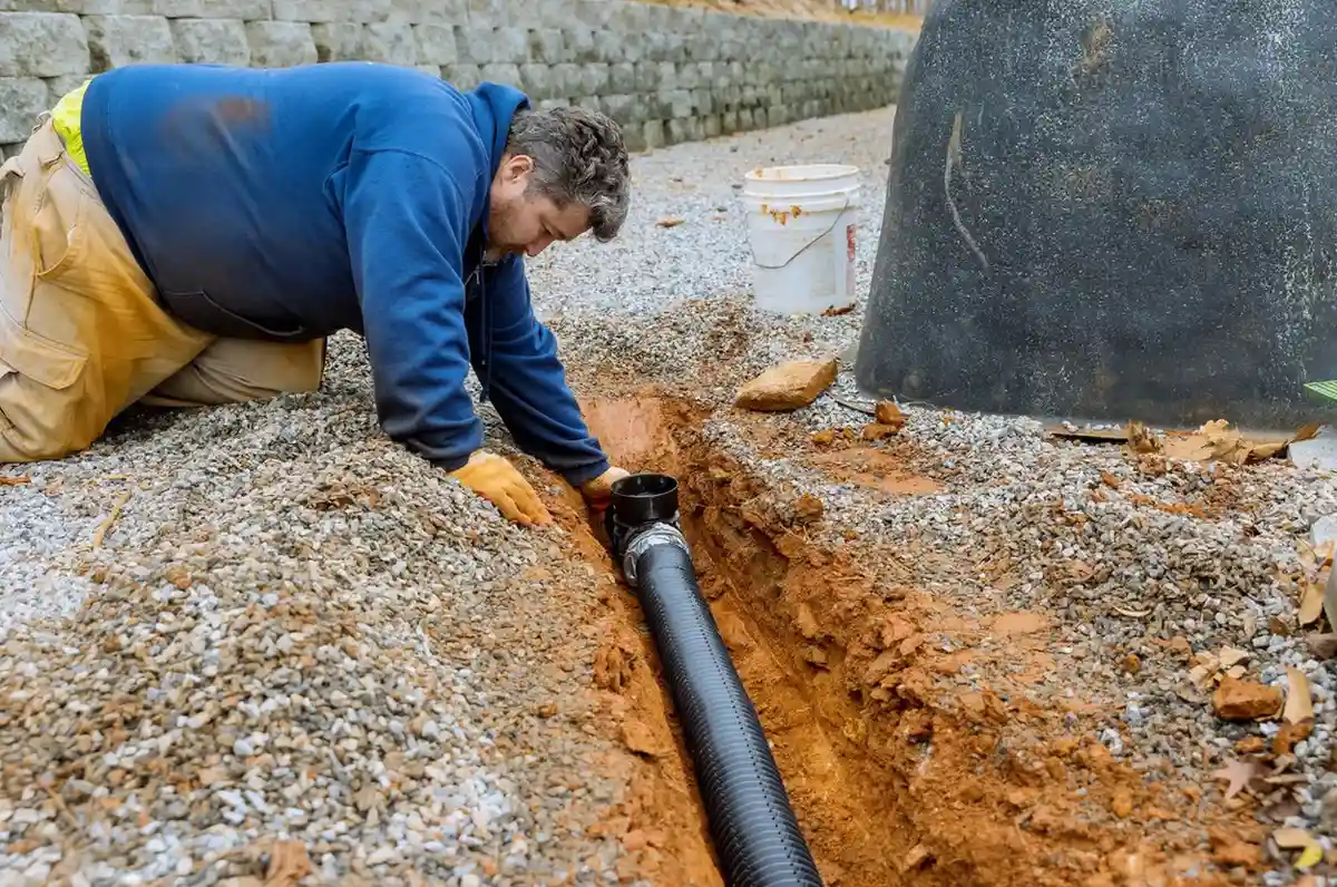 A man kneels in a trench, installing a black corrugated drain pipe. He is surrounded by dirt and gravel.