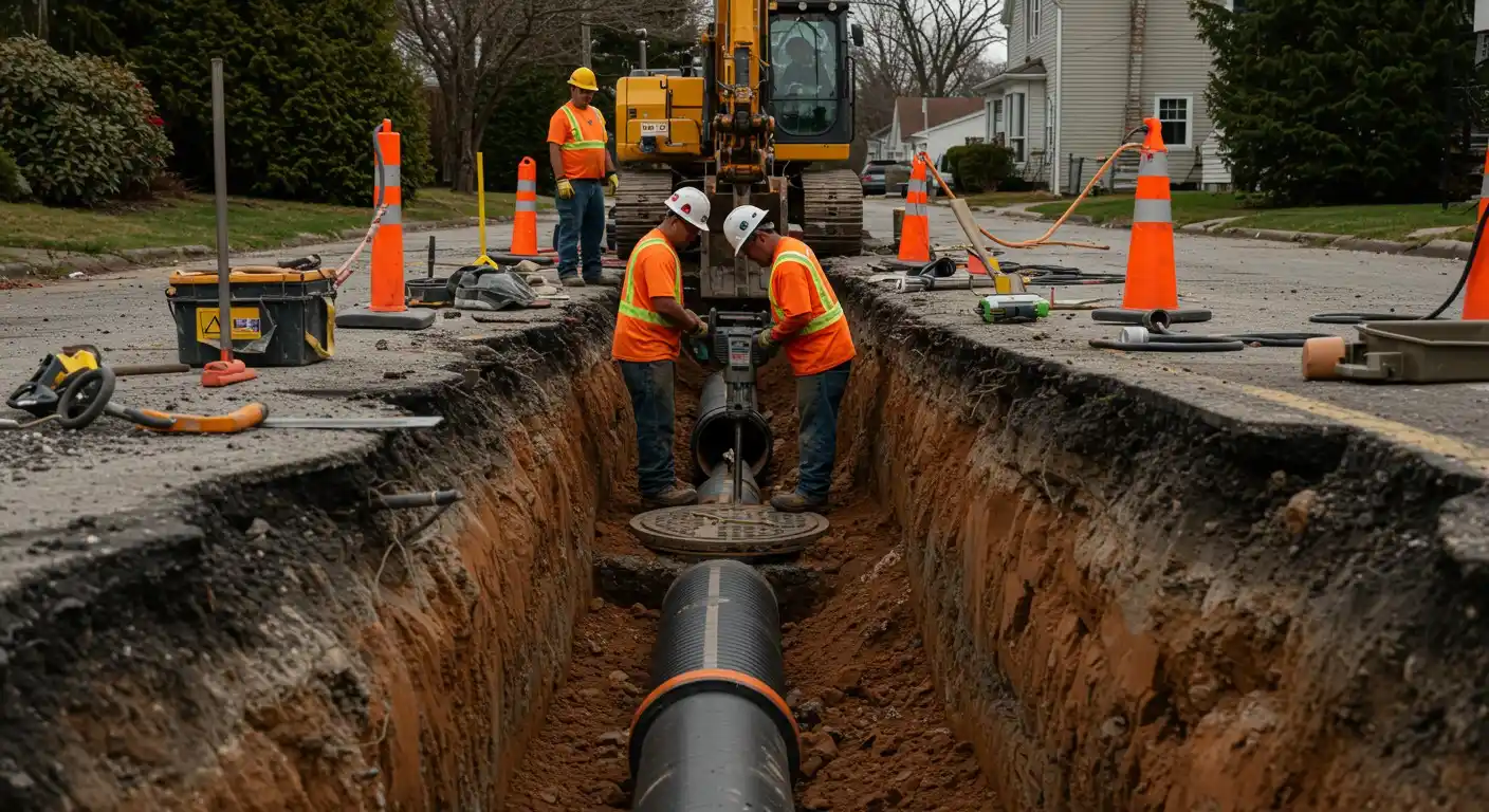 Workers installing underground water main pipe.