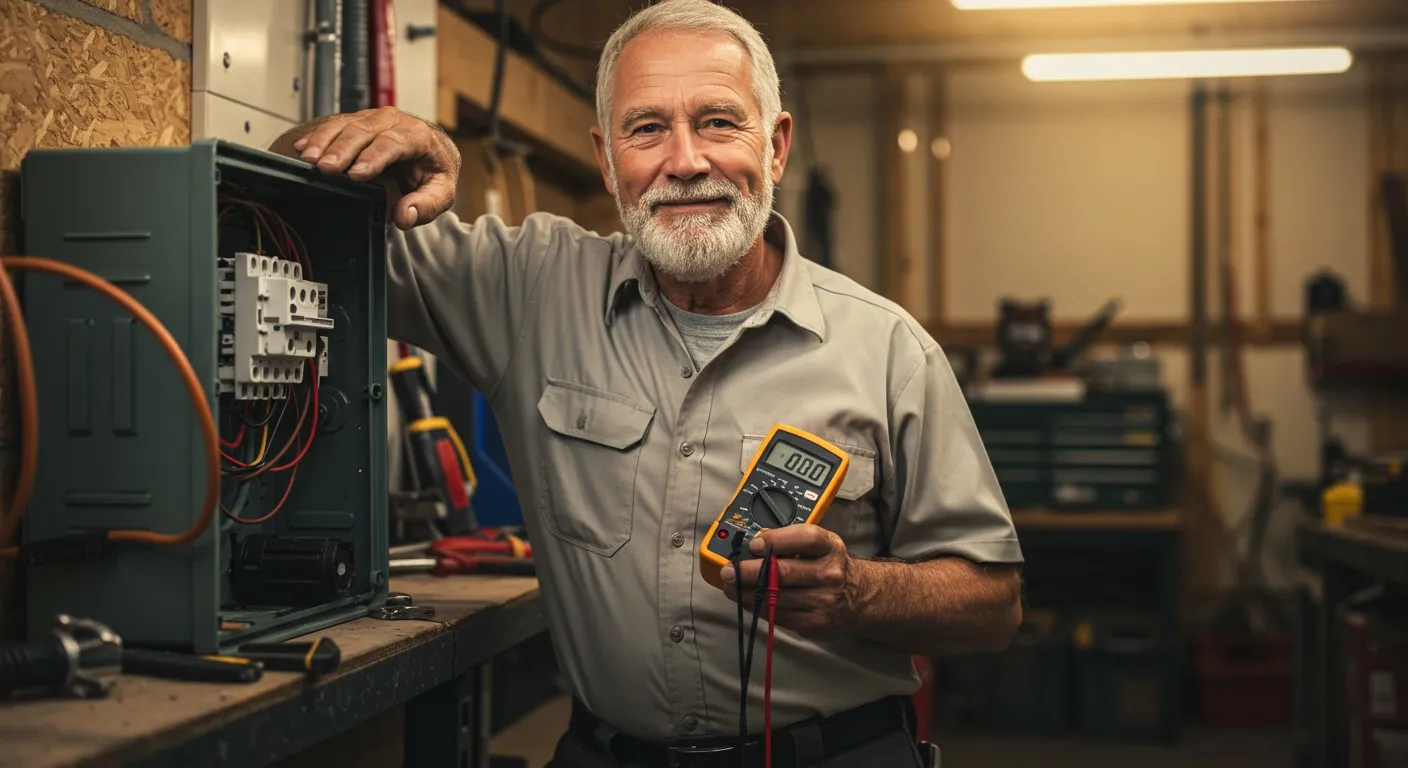 Senior licensed electrician holding voltmeter.