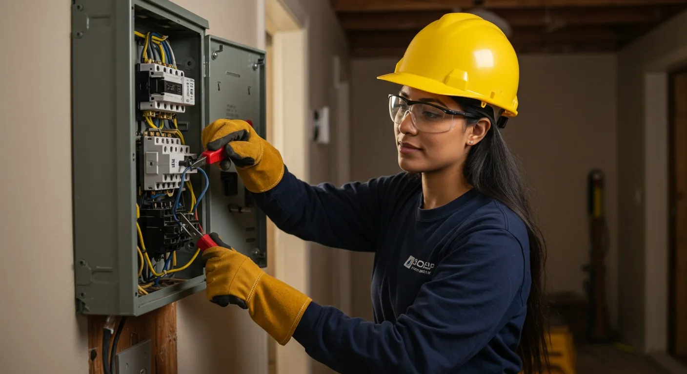Woman changes electrical panel with pliers.