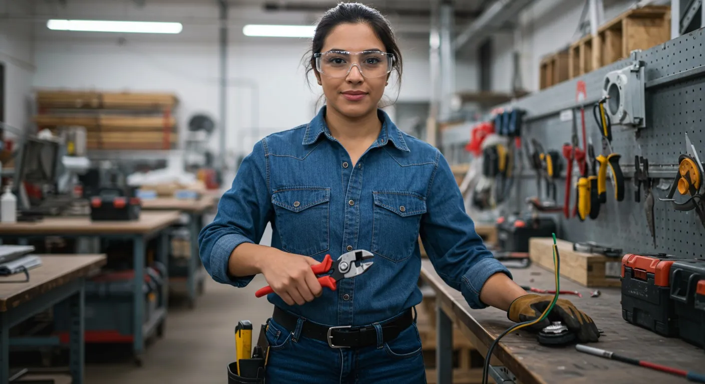 Smiling female electrician with wire cutters.
