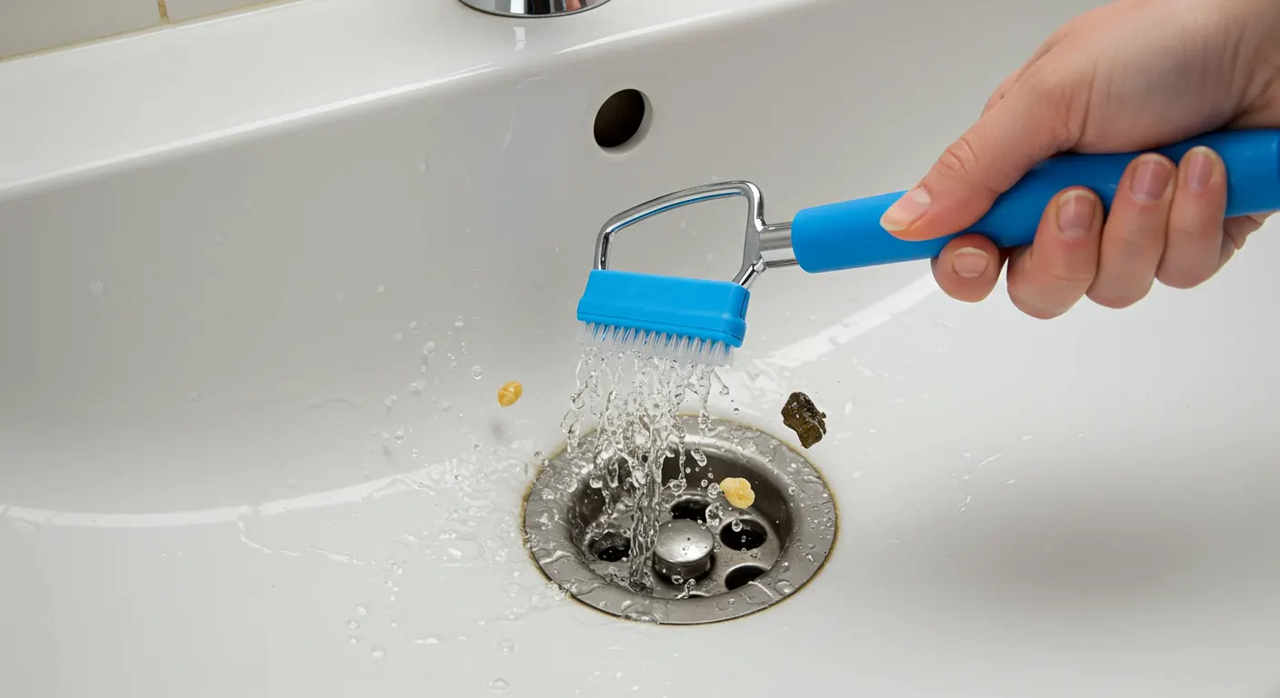A close-up view of a person's hand holding a small, blue-handled brush tool with water flowing over its bristles into a silver drain of a white sink. Several small pieces of debris are visible near the drain.