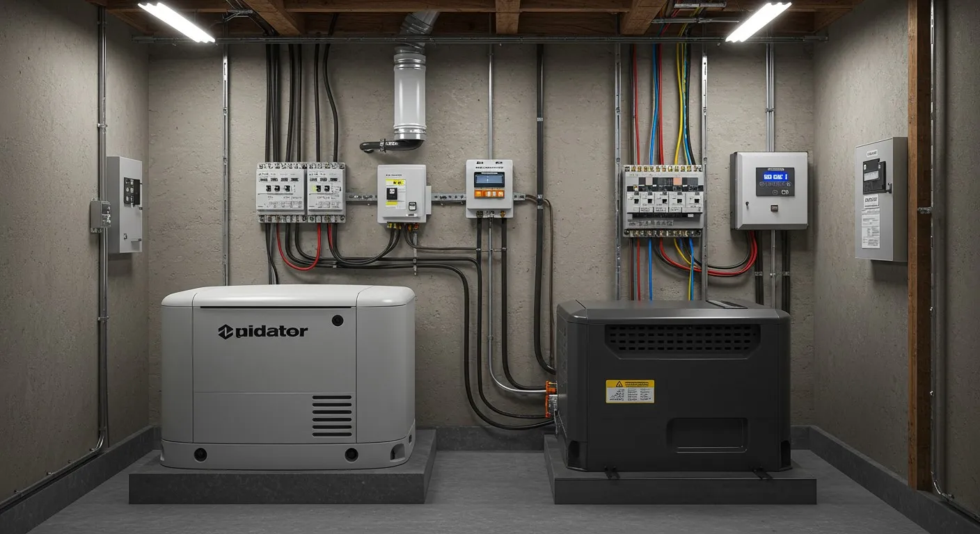 Two whole-home backup generators, one light gray and one black, are shown in a basement or utility room, connected to complex electrical panels and wiring on the wall above them.