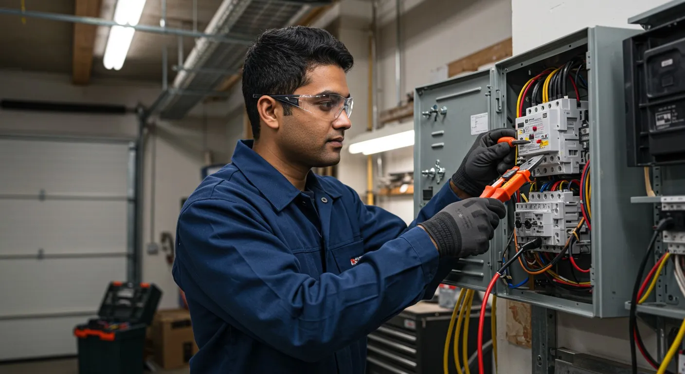 A man tests a residential electrical panel.