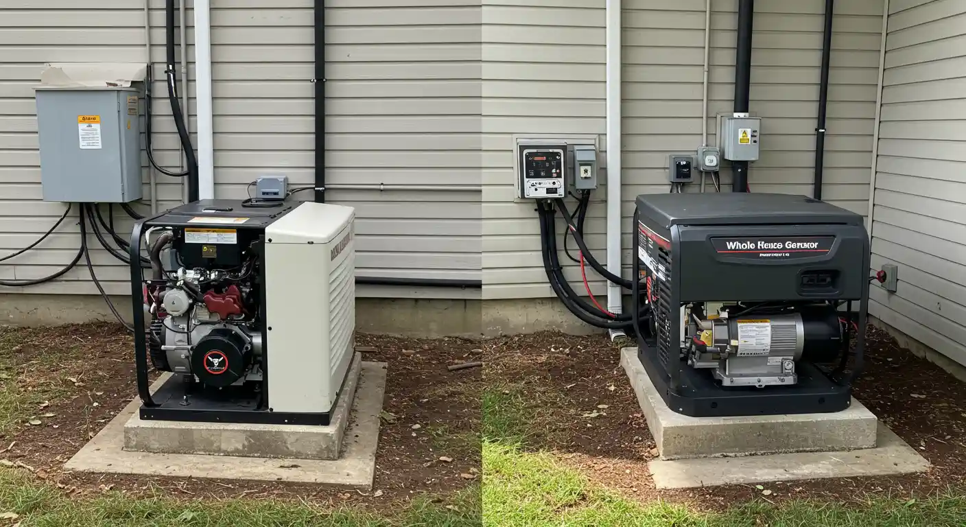 A composite image showing a whole-house generator from two different angles. The generator is a large, square unit with a black frame and a white or gray casing on the left side, sitting on a concrete pad next to a house with beige siding.