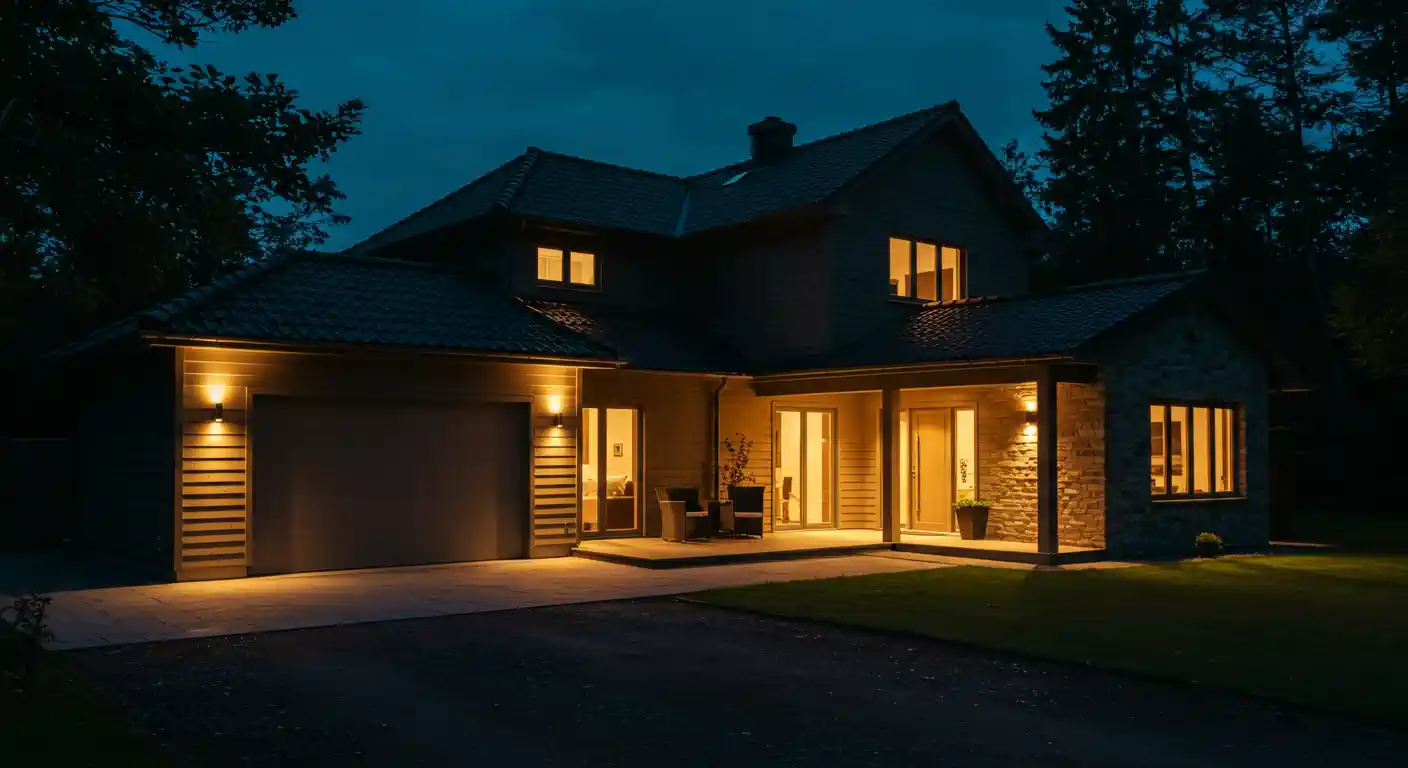 A modern two-story suburban house is illuminated at dusk by a warm, recessed lighting system. The lights highlight the front of the house, including the garage door, the porch entrance, and the stone siding on the right.