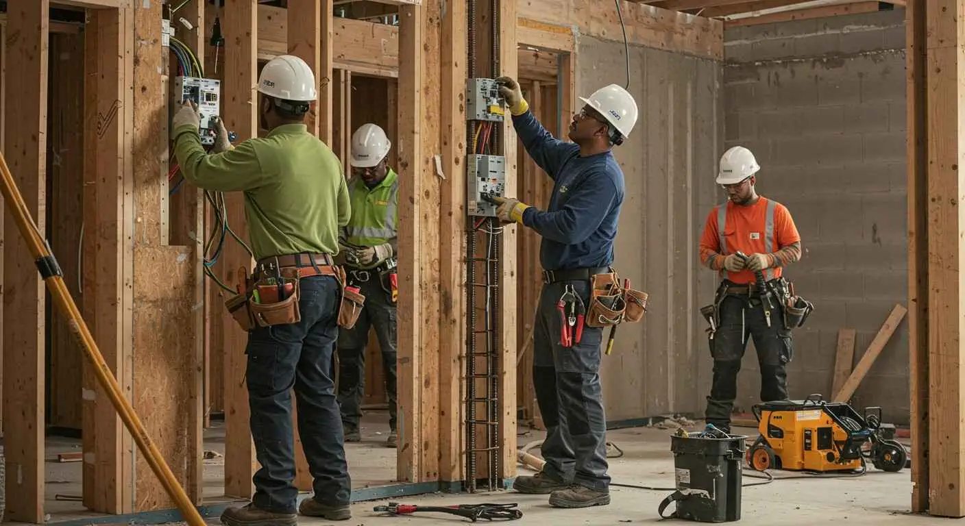 A group of professional electrical contractors in hard hats and tool belts are working on a new construction site. One technician is on the left, connecting a wire to an electrical box on a wall of exposed wooden studs.