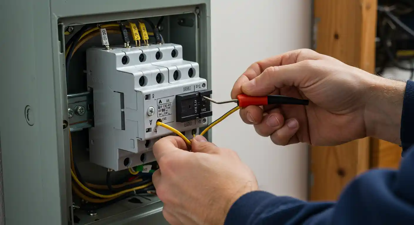 A close-up shot focuses on the hands of a person, likely an electrician, working on a gray electrical panel. The person is wearing a dark blue long-sleeved shirt and is holding a yellow wire
