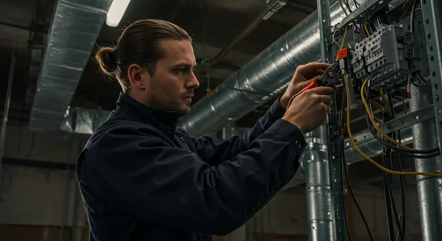 A handsome, young Caucasian man with his long brown hair tied back in a bun is working as a commercial electrician. He is wearing a dark blue work jacket and is seen from a side profile view, focused on his task.