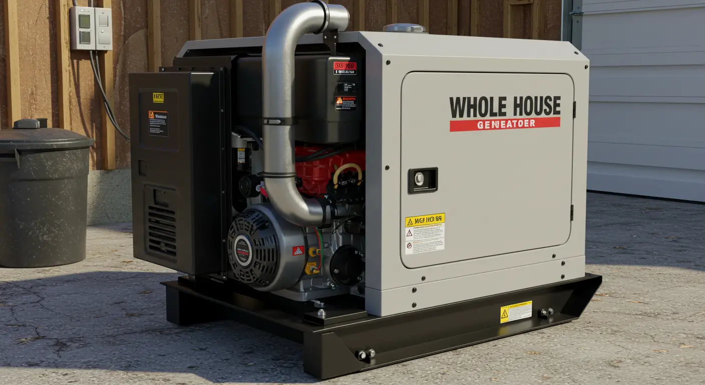 A light gray, whole-house generator with the words "WHOLE HOUSE" and "GENERATOR" in red is installed on a concrete slab next to a building.