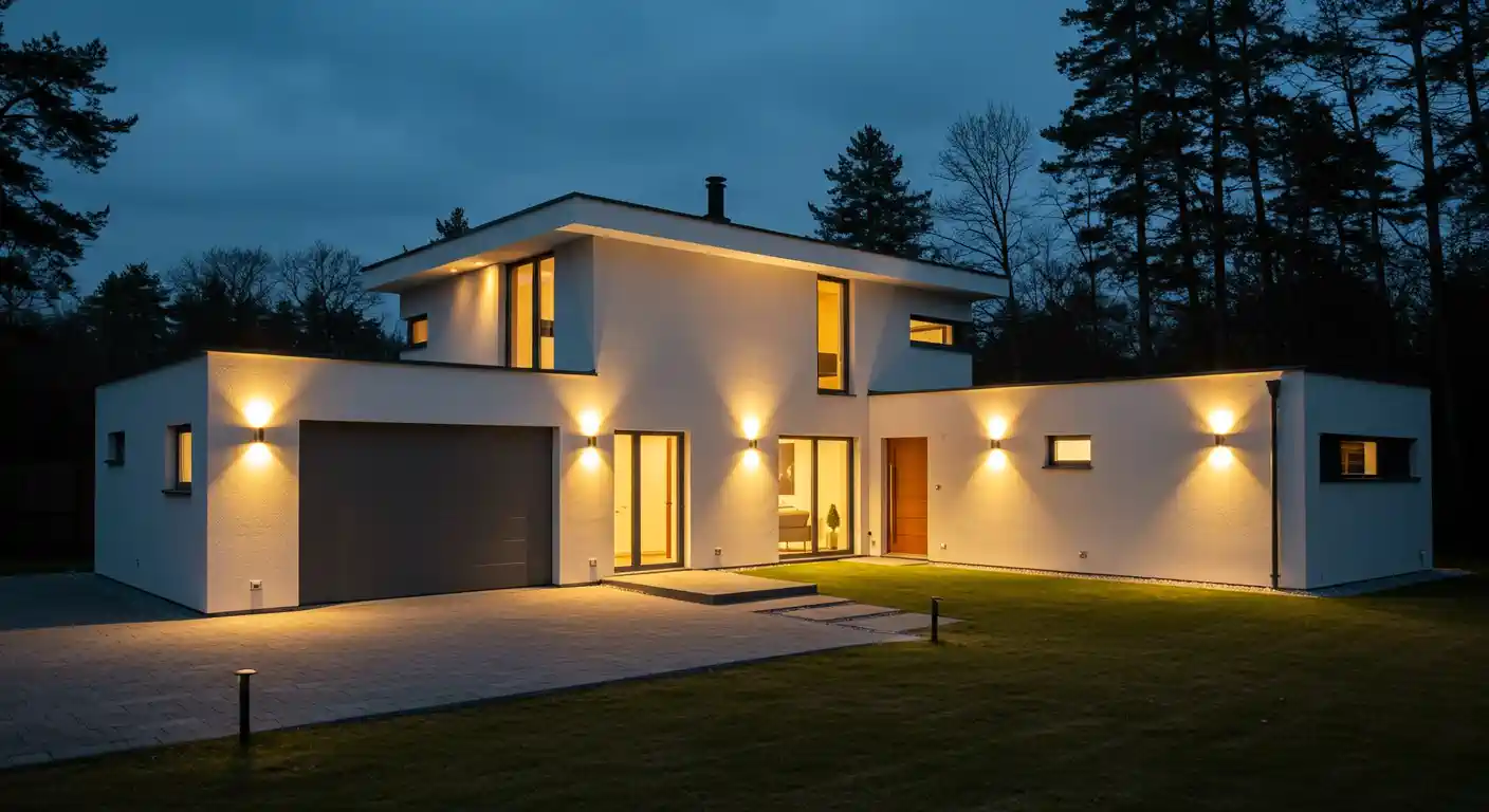 A stunning modern home at twilight is illuminated by a series of stylish, warm white lights mounted on its exterior. The two-story white stucco house has a flat roof, large windows, and a dark gray garage door.