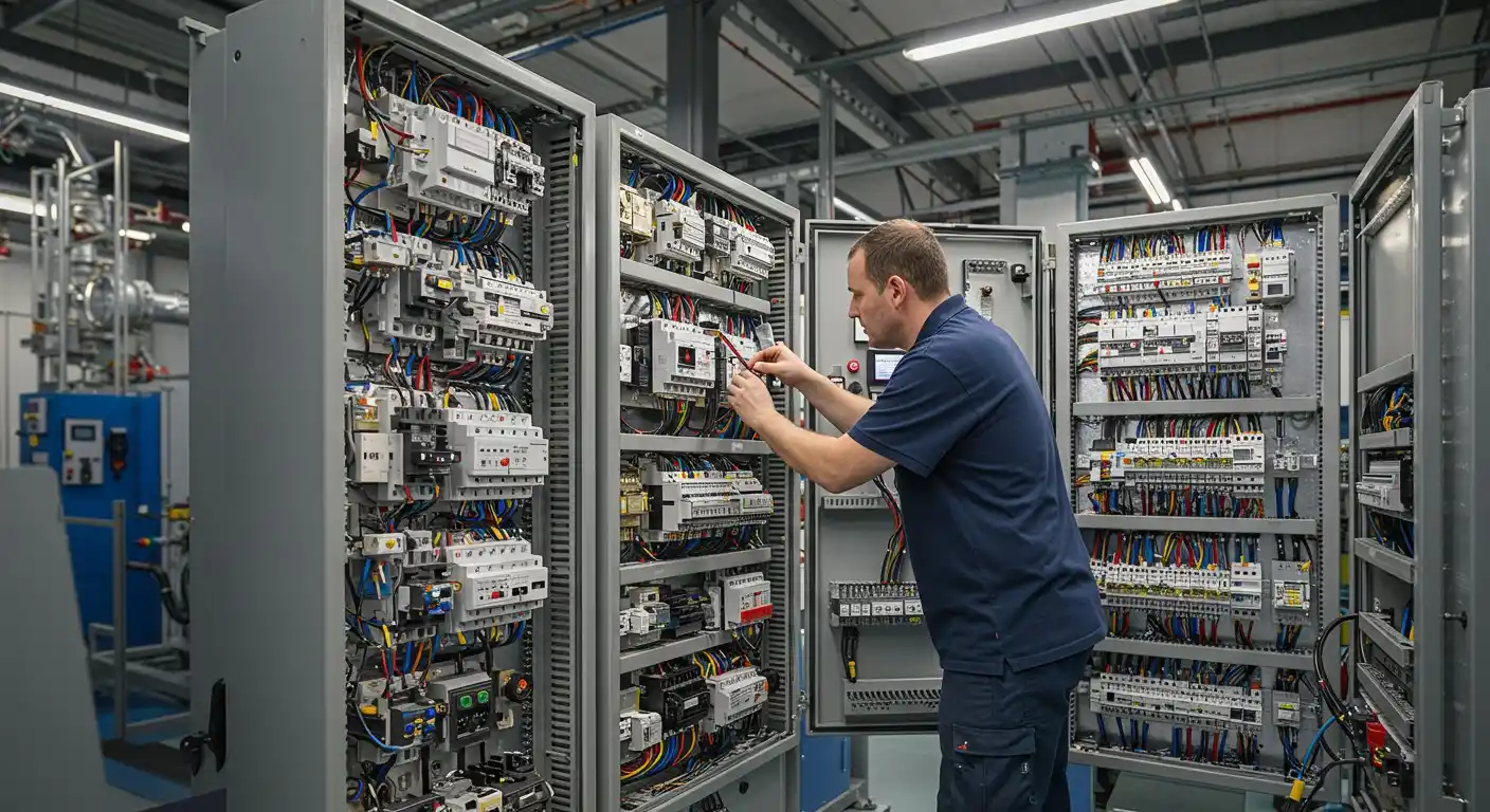 A male electrician is servicing a complex electrical panel, with multiple open circuit breaker boxes and a vast network of wires and switches.