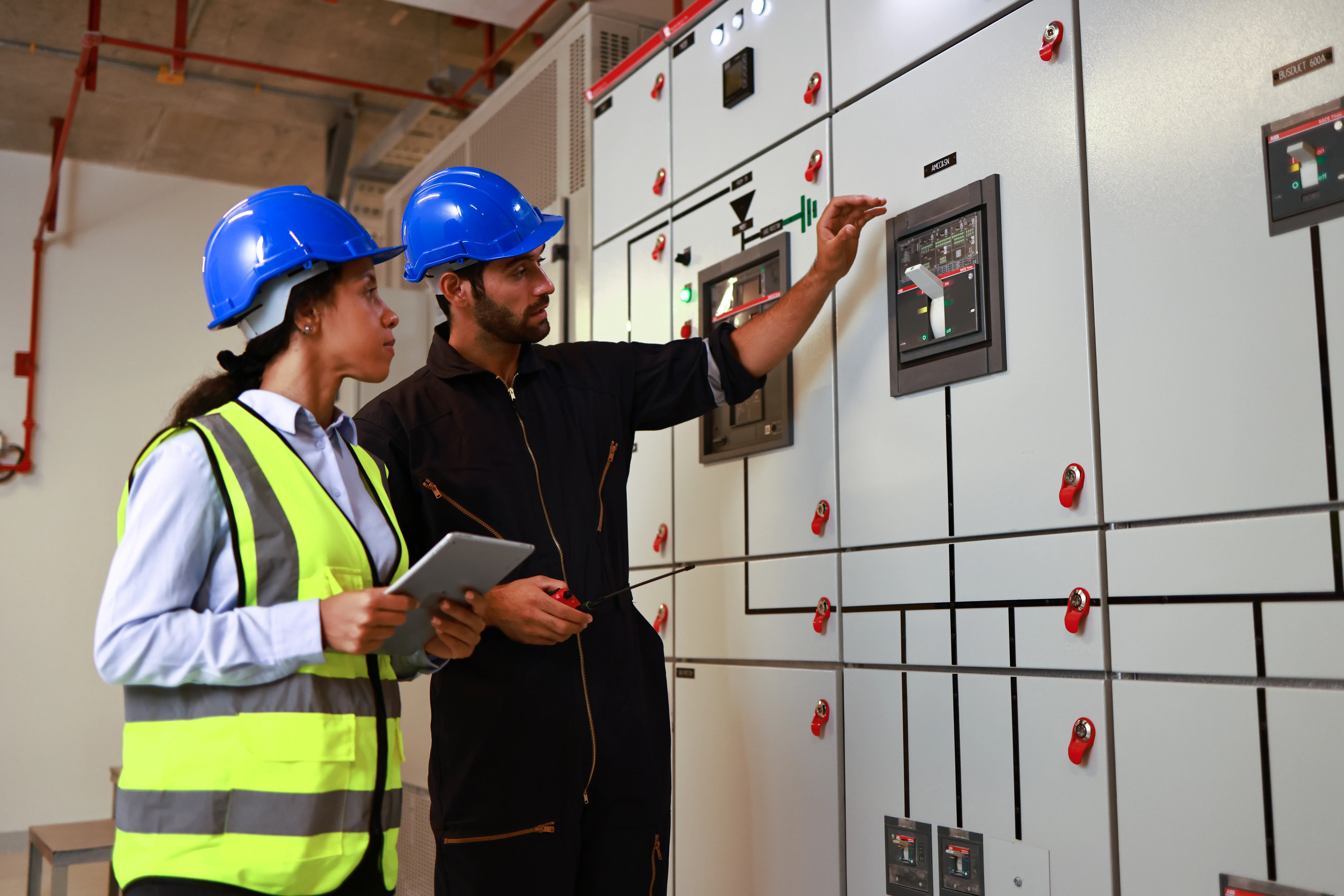 Two electrical engineers wearing hard hats inspect a large industrial electrical control panel with various gauges and switches.