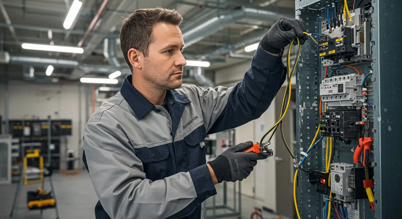 A professional electrician is using wire strippers to connect electrical wires to an open industrial circuit breaker panel.