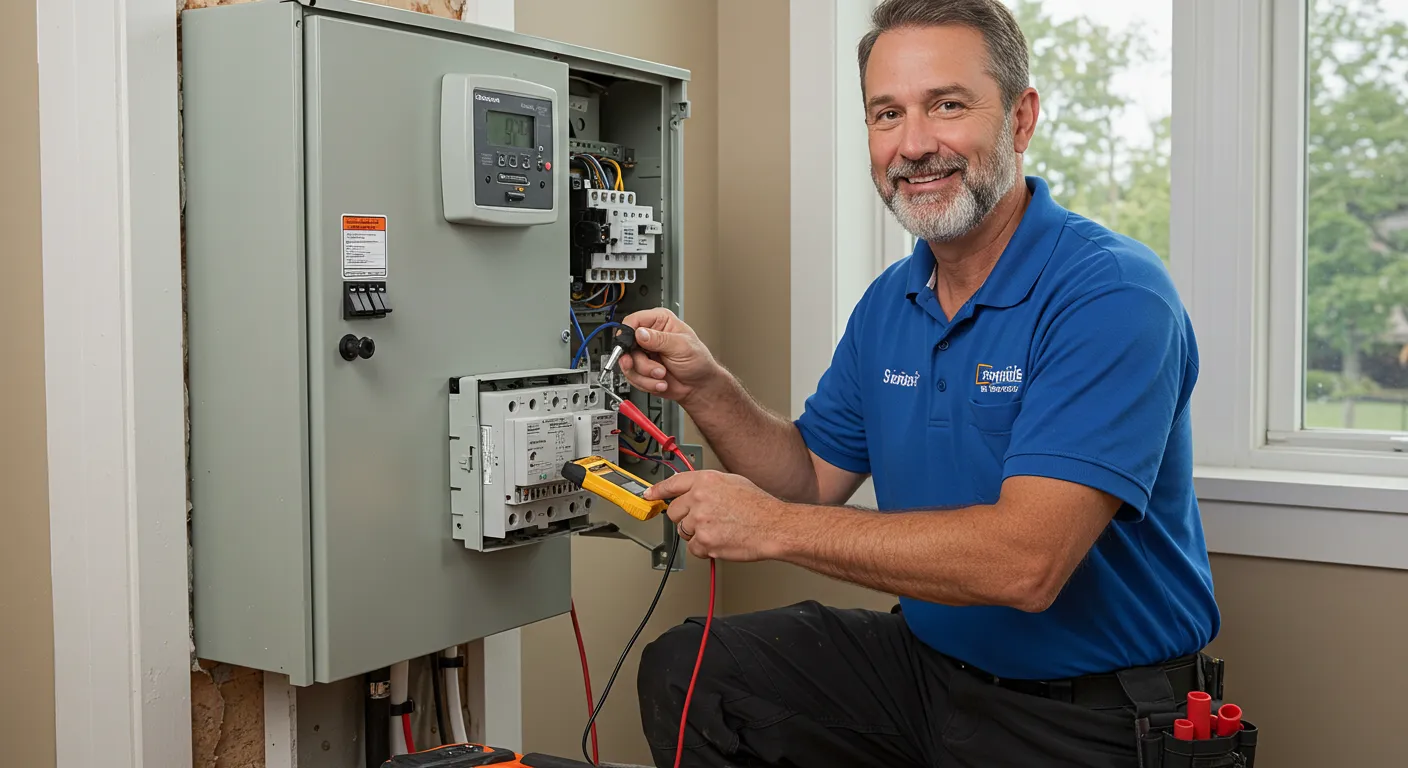 A male electrician with a beard is checking wiring in a house under construction