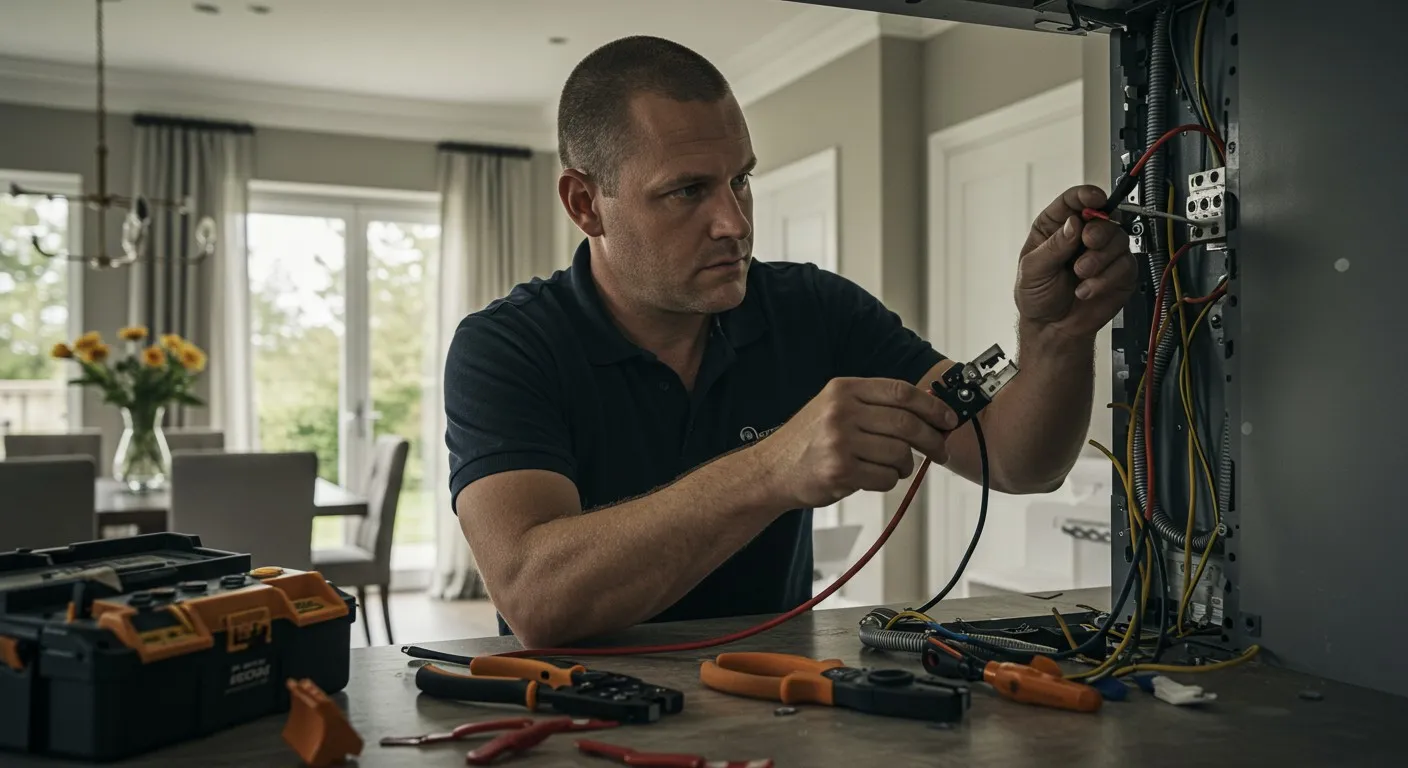 Man fixing electrical panel at home.
