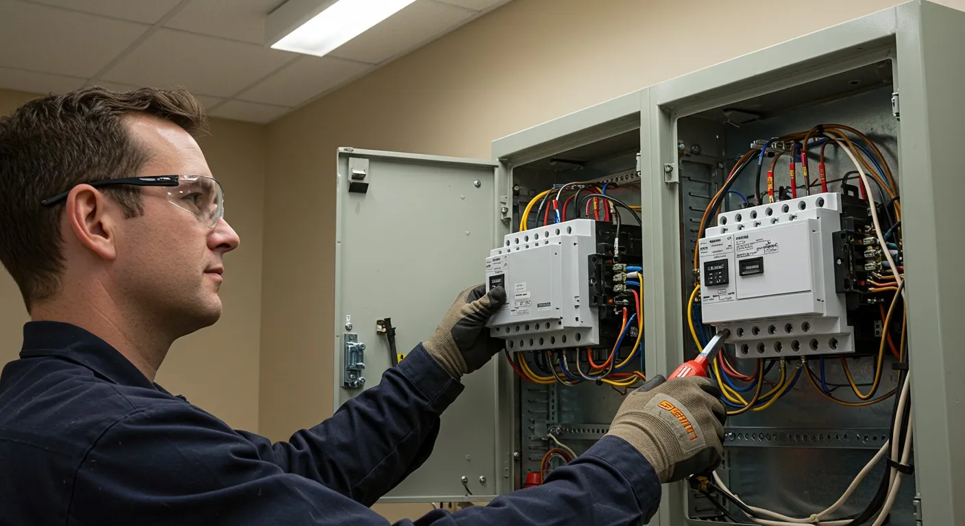 A side view of a focused electrician wearing safety glasses and work gloves, holding a circuit breaker and a screwdriver while working inside an open electrical panel.