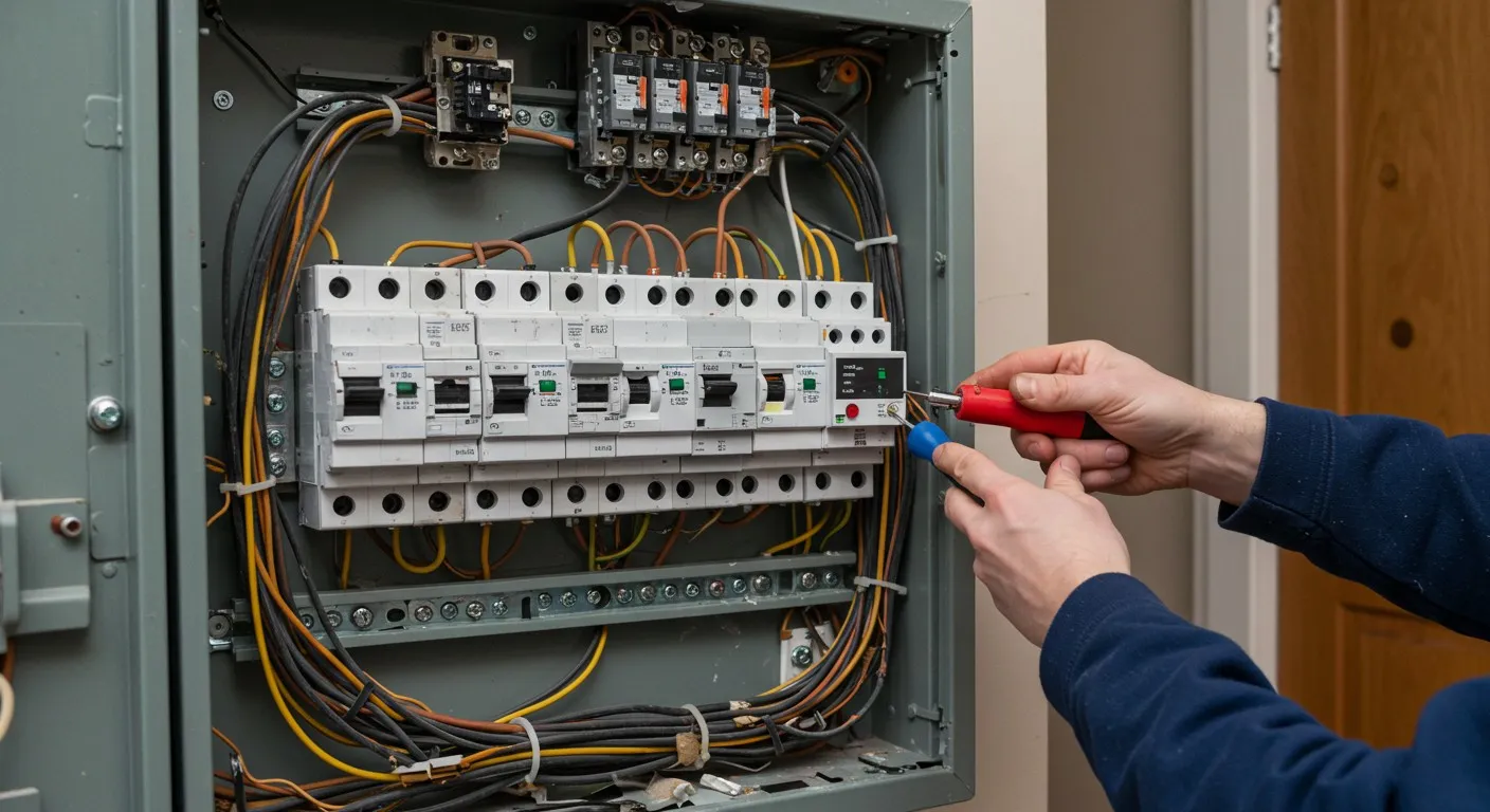 A man replacing a a fuse box.
