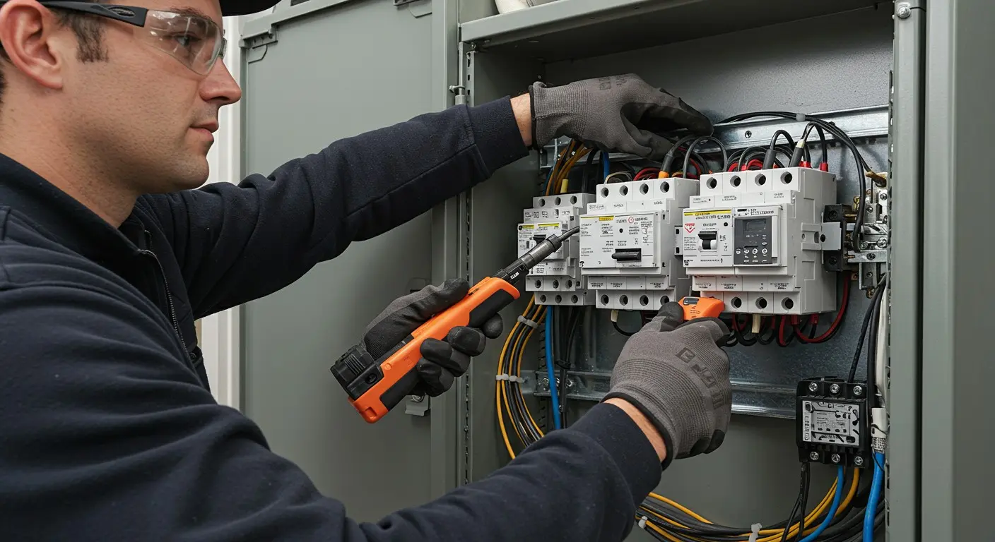 Man works on an electrical panel.