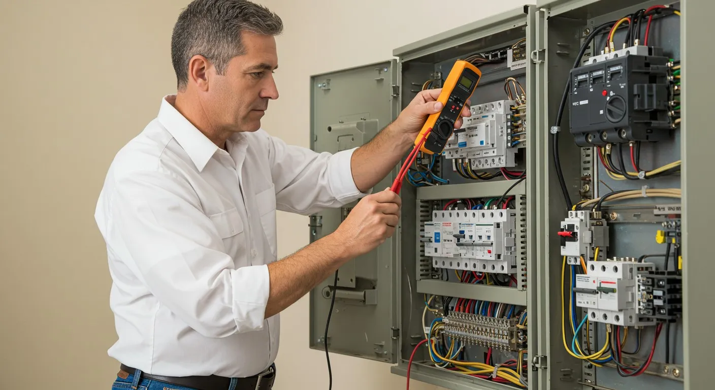 A male electrician checks a fuse box.