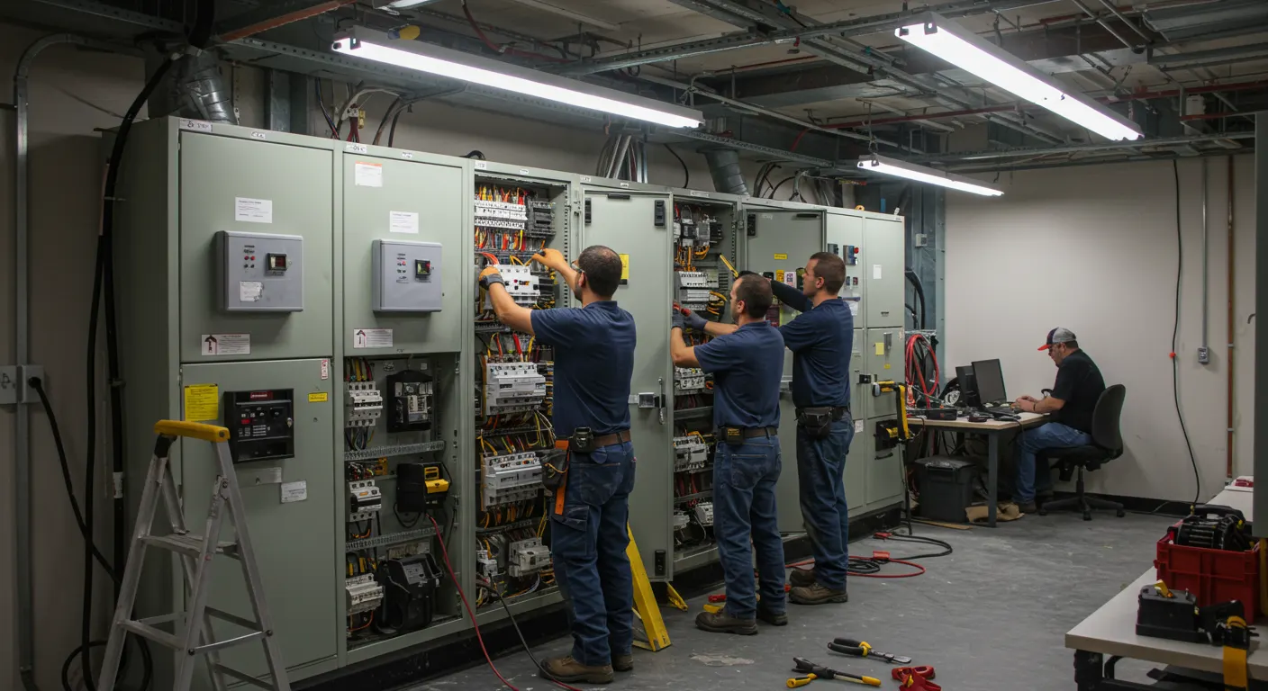 Three men work on electrical panels.