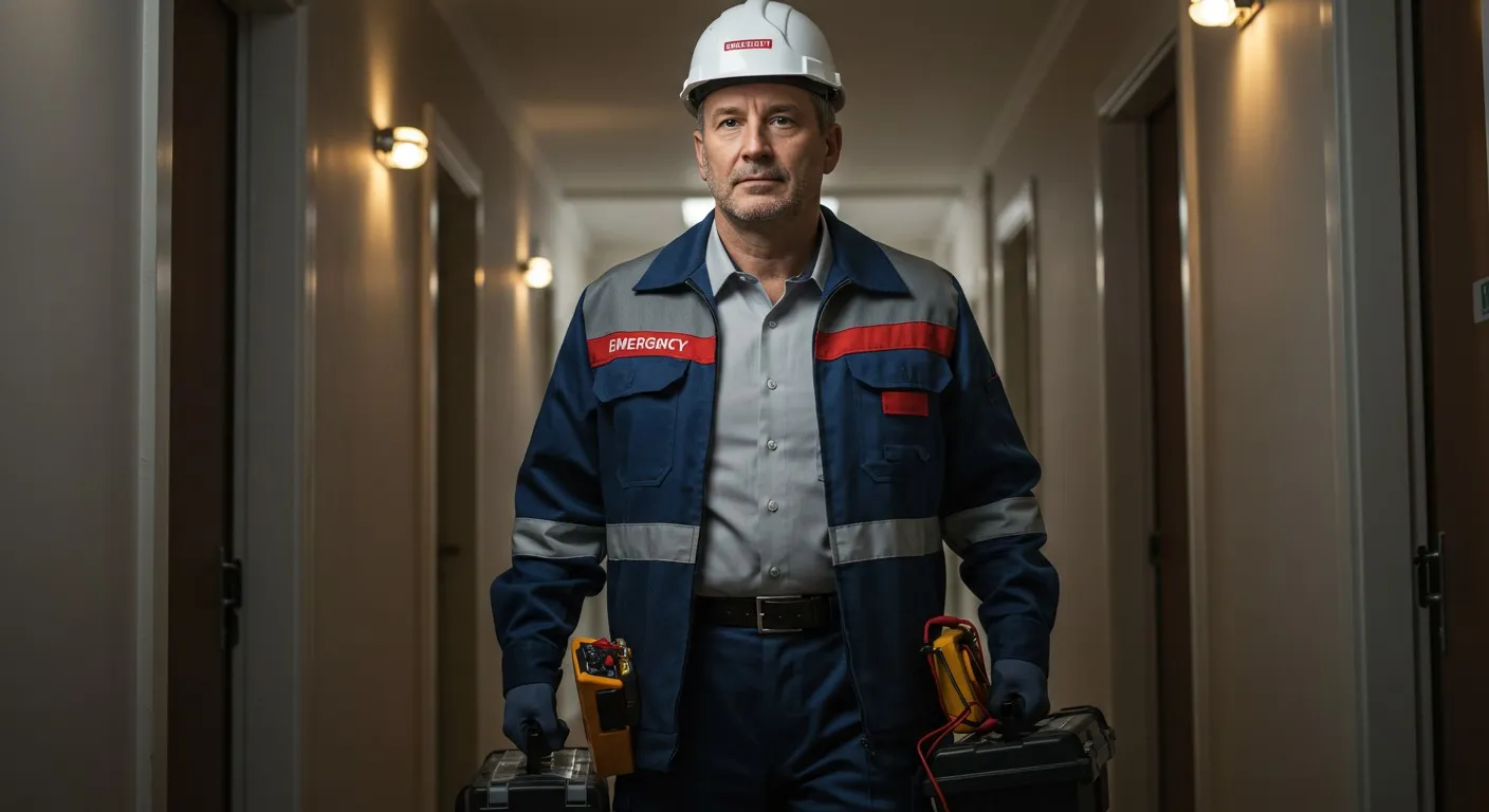 Emergency electrician with tools in hallway.