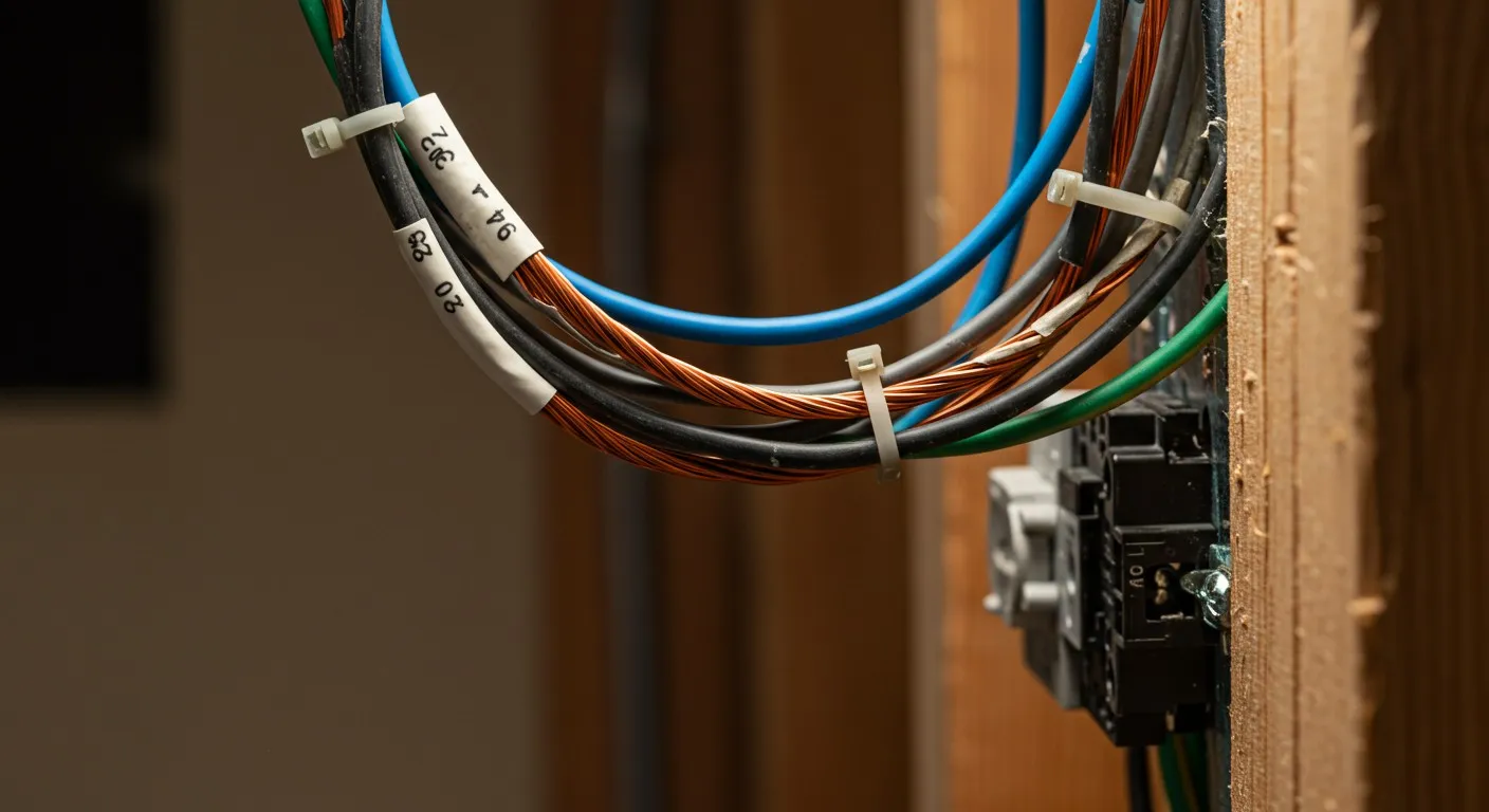 A close-up of a bundle of exposed electrical wires, tied with plastic cable ties and labeled, against a wooden wall.