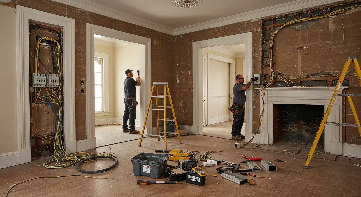 Two electricians rewiring an old house.