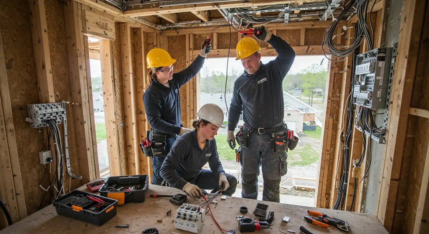 Electricians wiring new residential building.