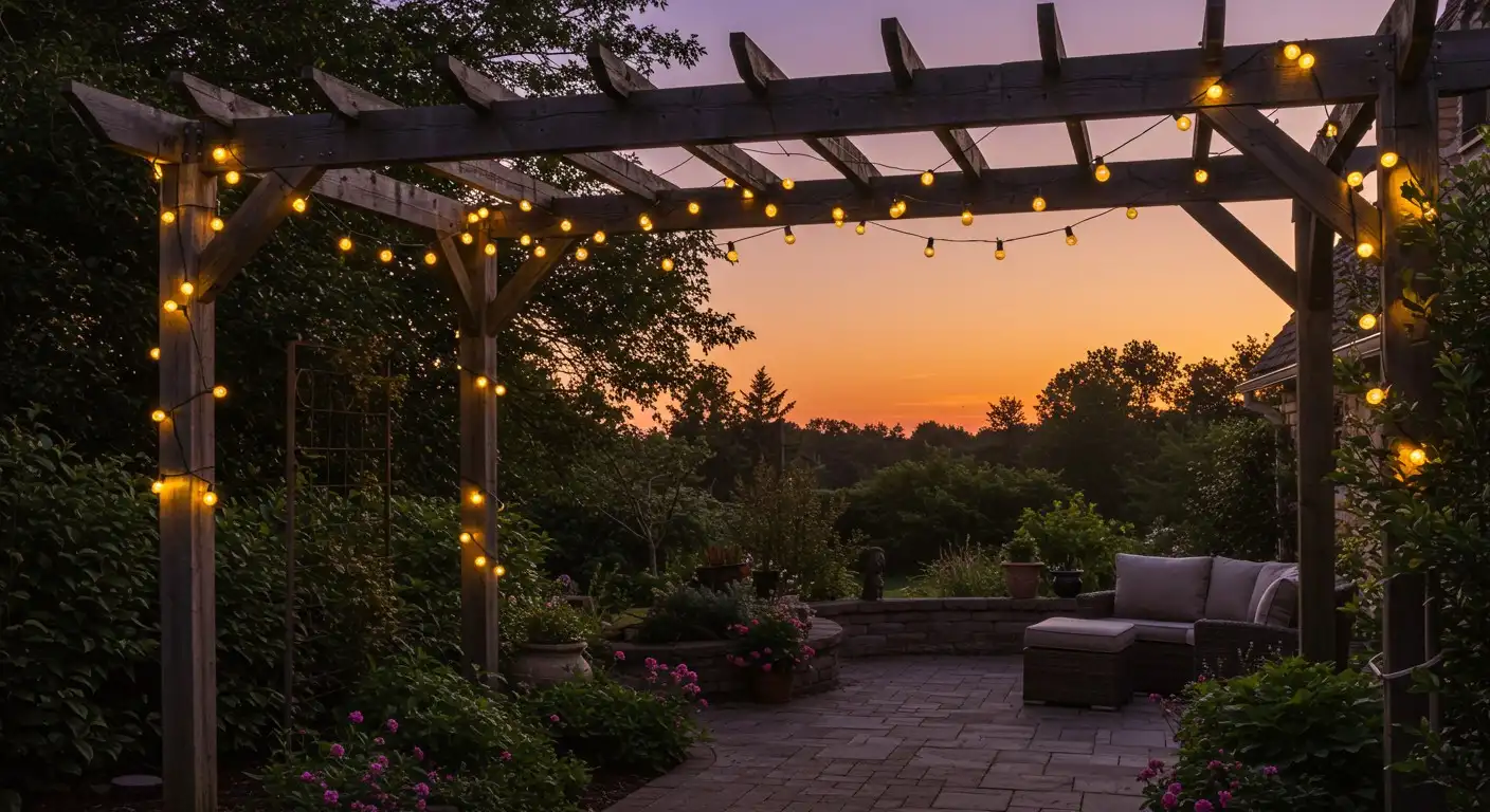  A backyard patio with a wooden pergola, illuminated by hanging string lights, with a seating area and lush greenery at sunset.
