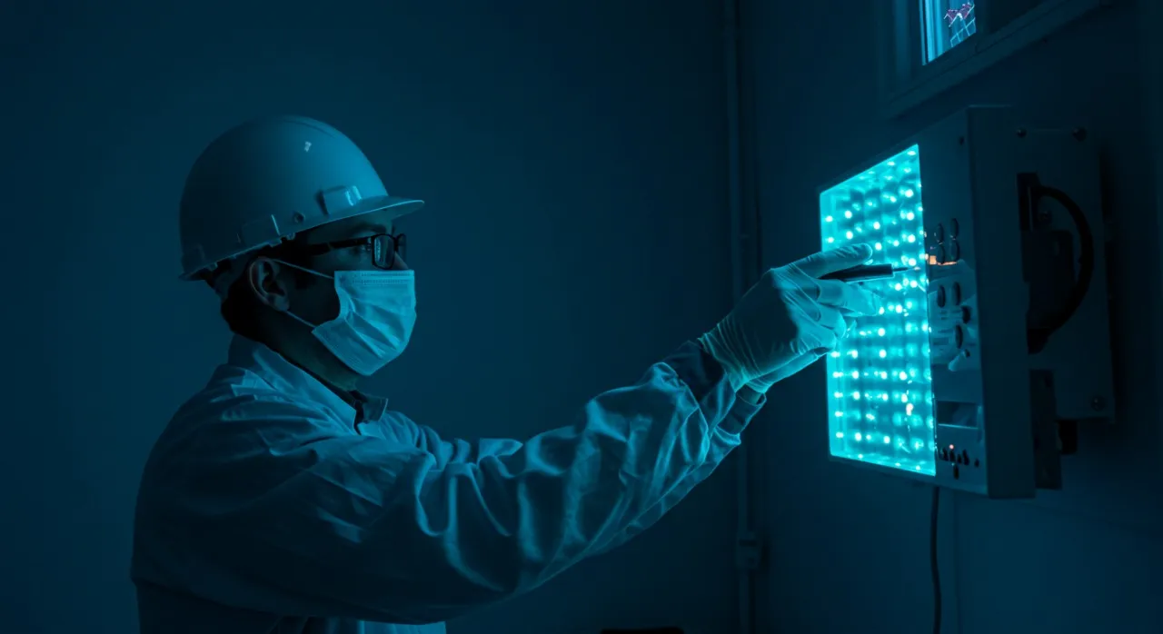 Fluorescent blue UV-C lights illuminate air filters within an HVAC system.