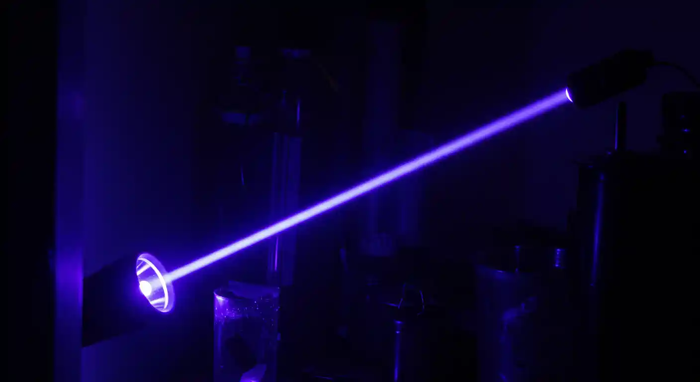 A beam of bright purple or ultraviolet light shines from a small device on the lower left across a dark room to a second, similar device on the upper right. The light beam is a distinct, straight line, indicating a focused and directed source of radiation. The devices and the beam are the only sources of light in the otherwise dark, industrial-looking setting.