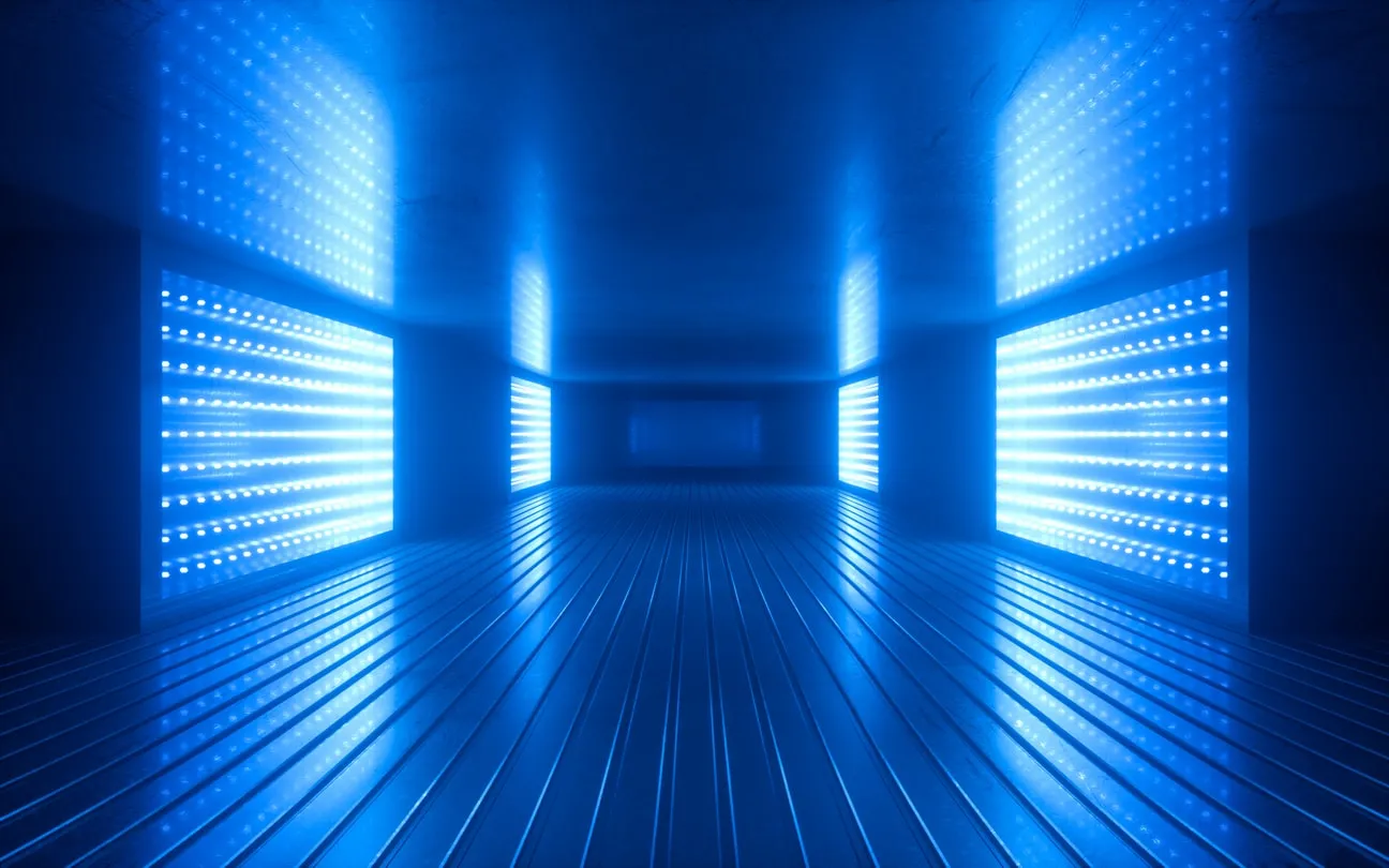 A futuristic hallway with blue lighting strips on the walls and ceiling, creating a strong, symmetrical glow.
