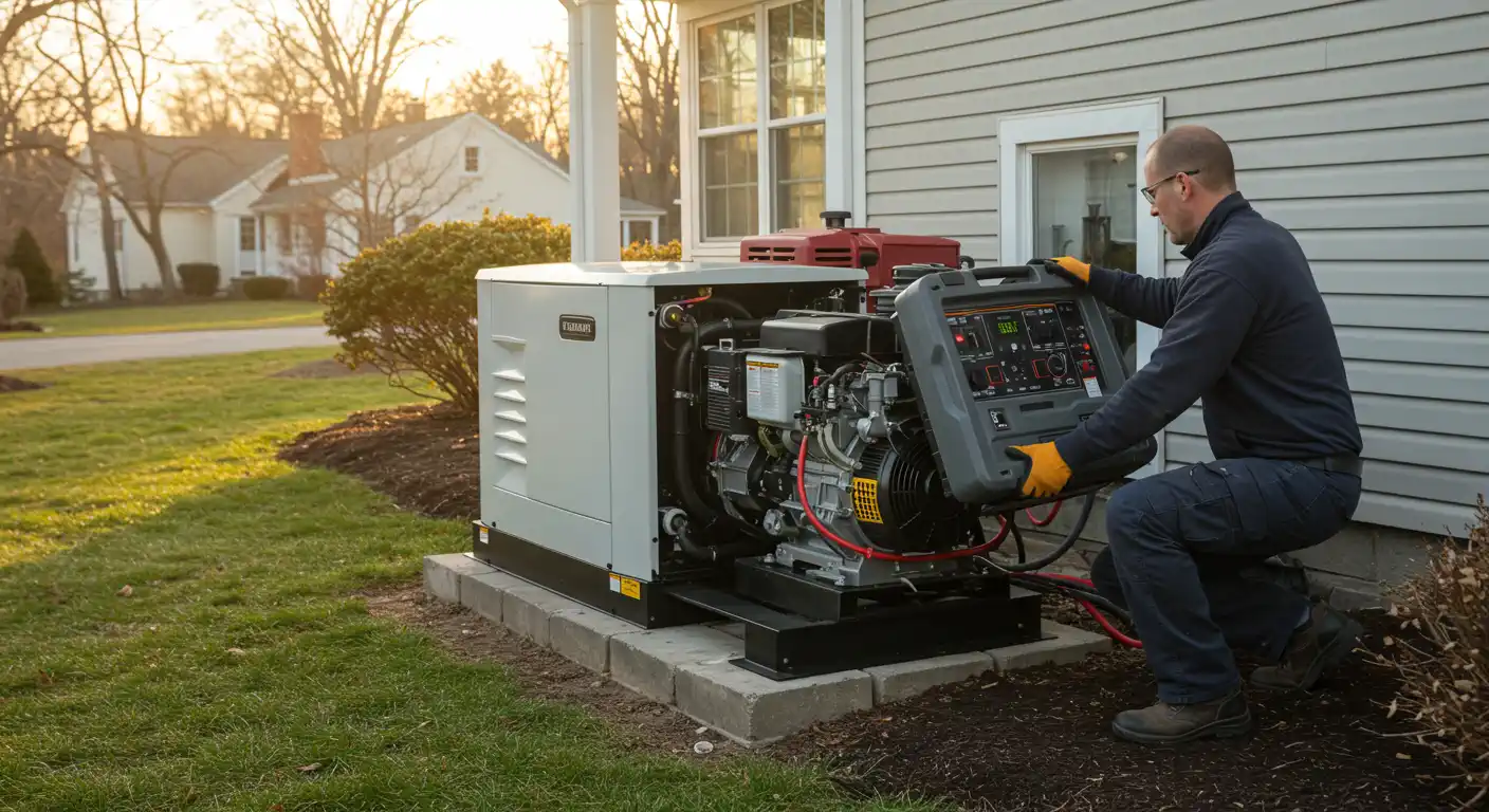A male technician wearing a dark blue shirt, glasses, and yellow gloves is working on a whole-house generator installation on a residential lawn. He is kneeling and holding a gray control panel, which he is connecting to the large, light-gray generator unit. The generator is sitting on a concrete pad next to a house with light-colored siding. The setting is a sunny, suburban neighborhood with houses and green lawns visible in the background. The internal engine components of the generator are exposed, and various wires are visible.