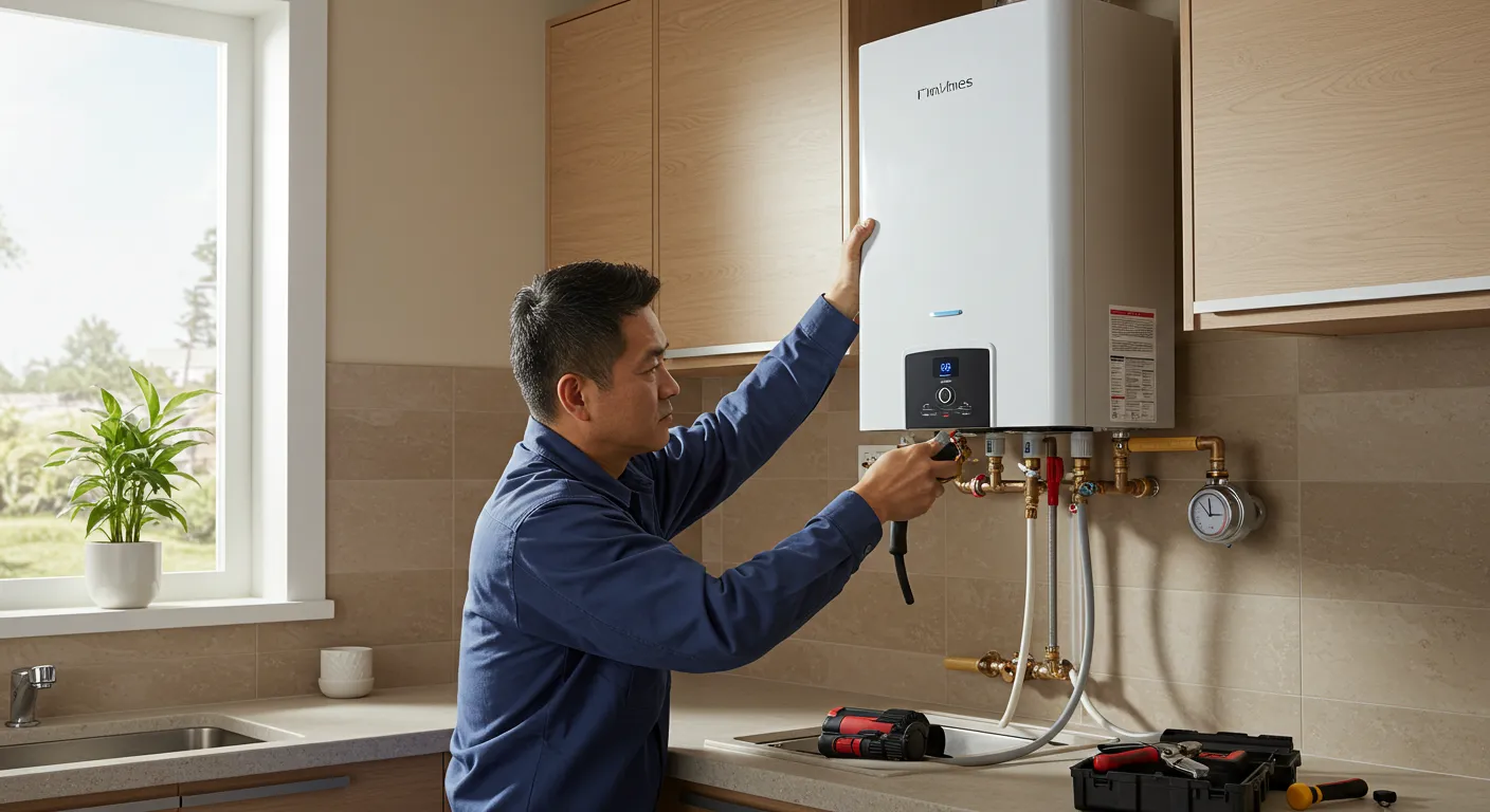 A man in a navy shirt is installing a tankless water heater in a kitchen
