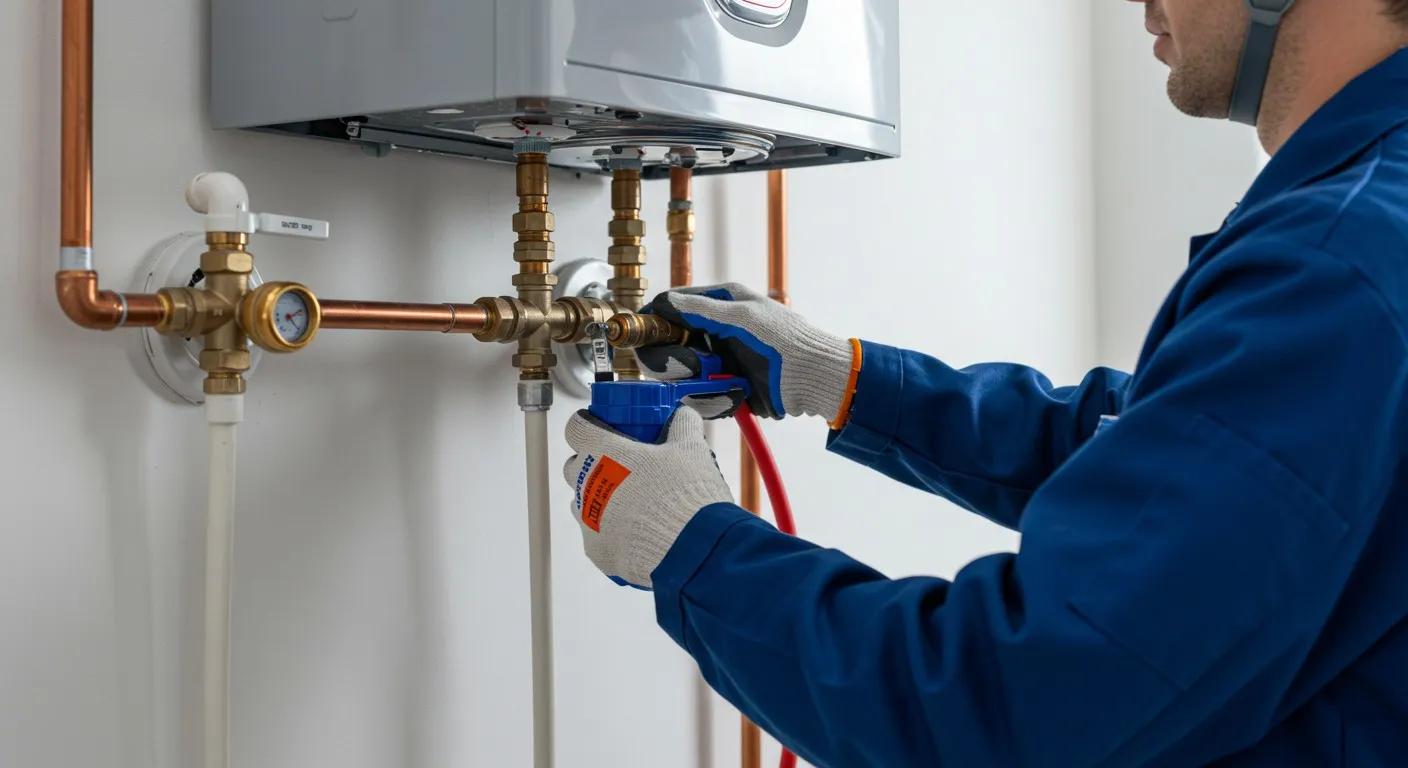 A technician installs a water heater.