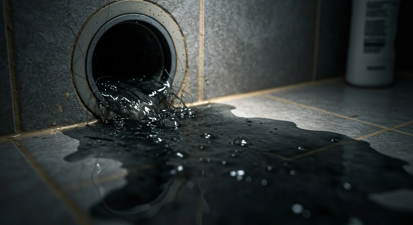 Clogged drain with dirty water and hair.
