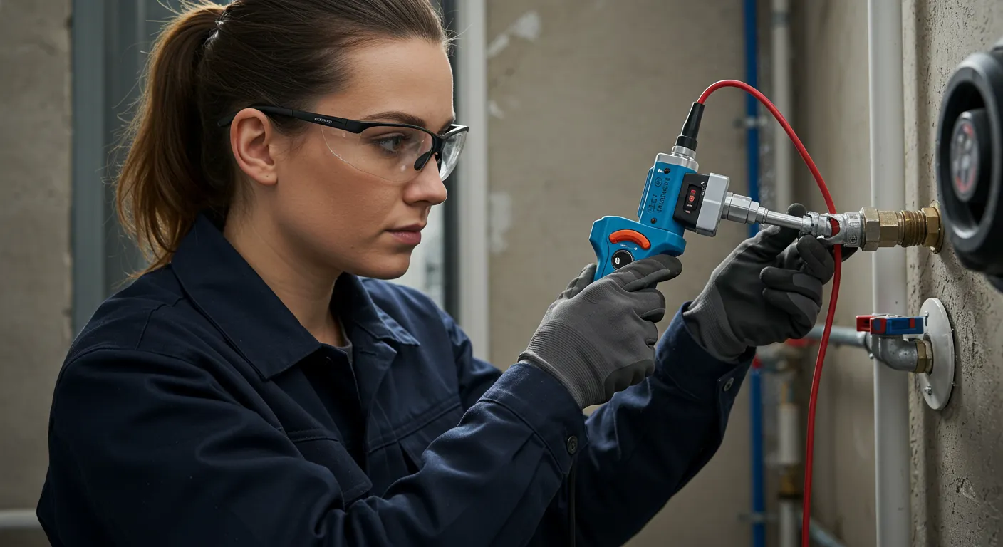 A woman in safety glasses is using a tool to work on a pipe connection