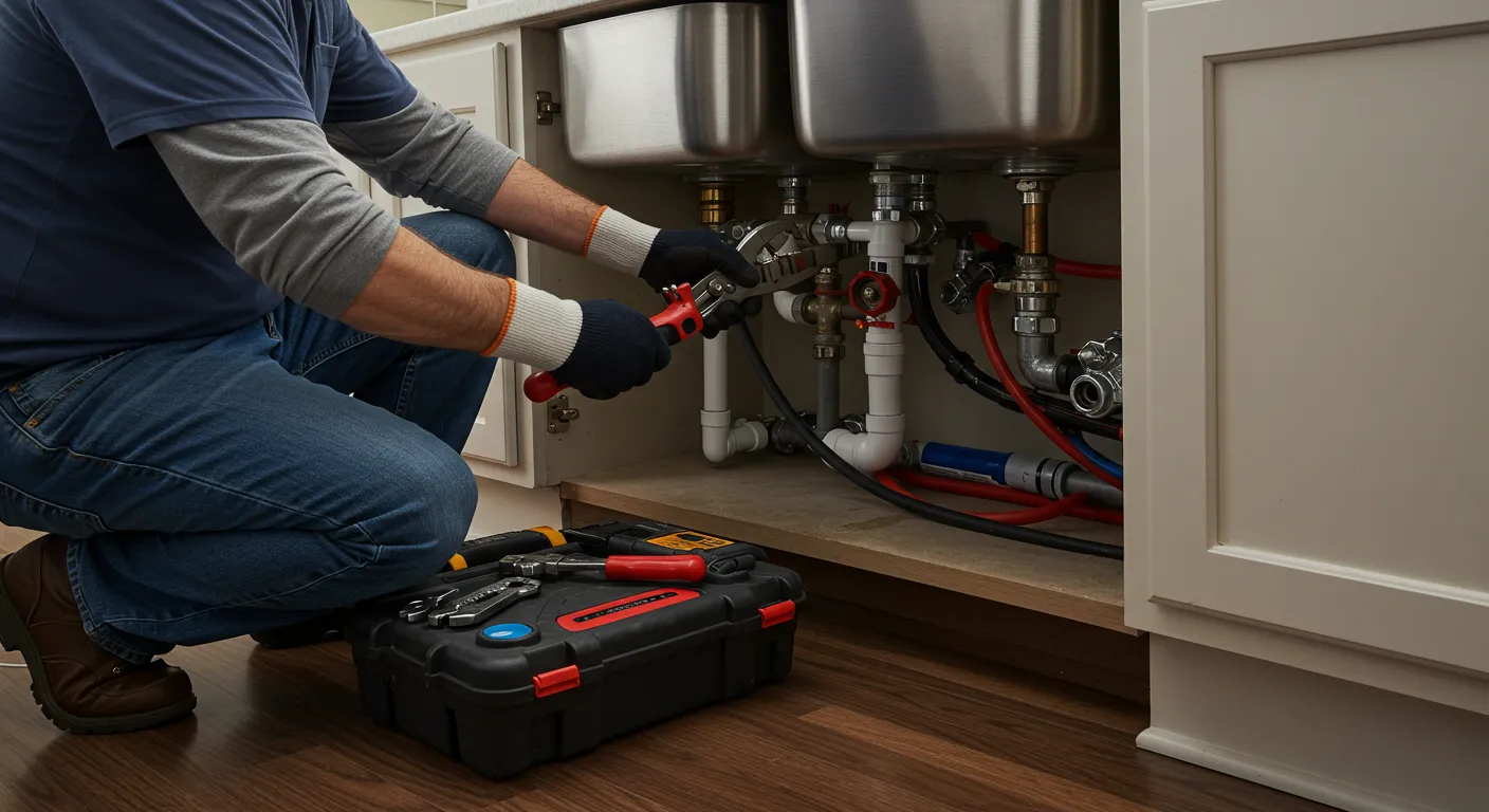 A plumber is kneeling and using a wrench to work on the pipes under a double kitchen sink, with a toolbox filled with tools on the floor beside him.