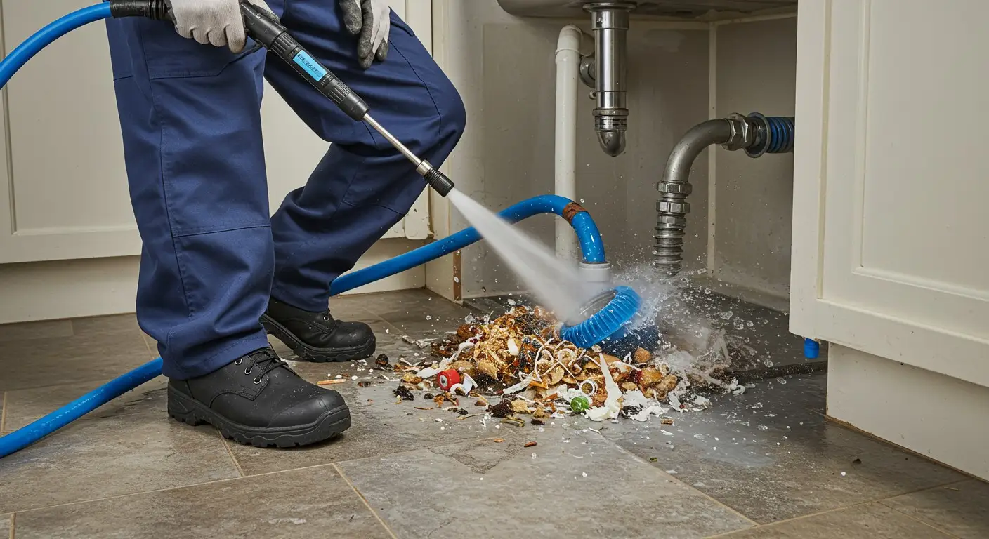 A plumber sprays water on debris.