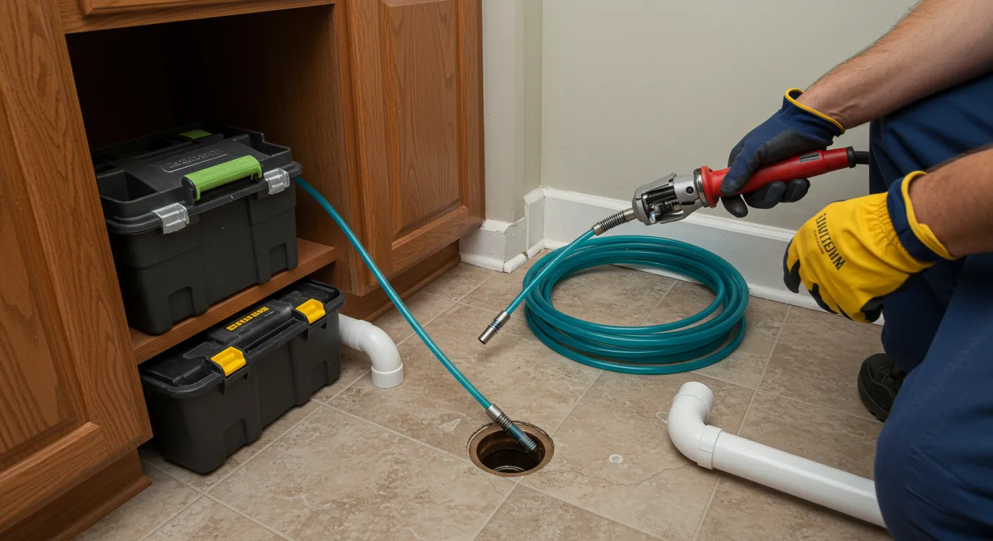 A plumber is using a drain snake tool to clear a floor drain, with a large coiled hose next to him. Two toolboxes are stored under a cabinet.