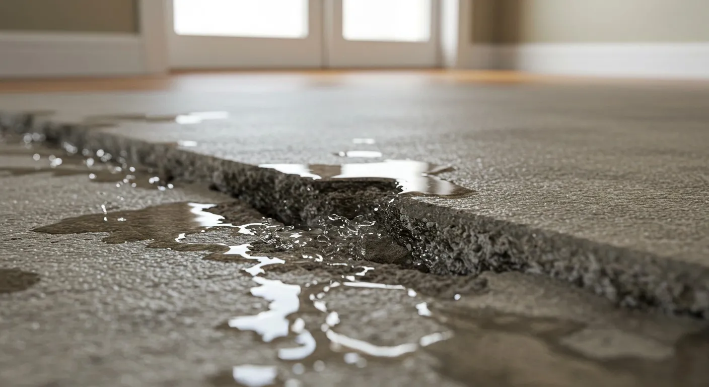 A low-angle view of a slab leak, showing water seeping and pooling from a long, deep crack in a grey concrete floor near a doorway.