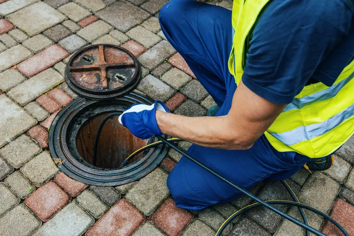 A plumber is kneeling on a stone patio, wearing a high-visibility yellow vest and blue uniform, as they feed a black hydrojetting hose into a large outdoor drain.