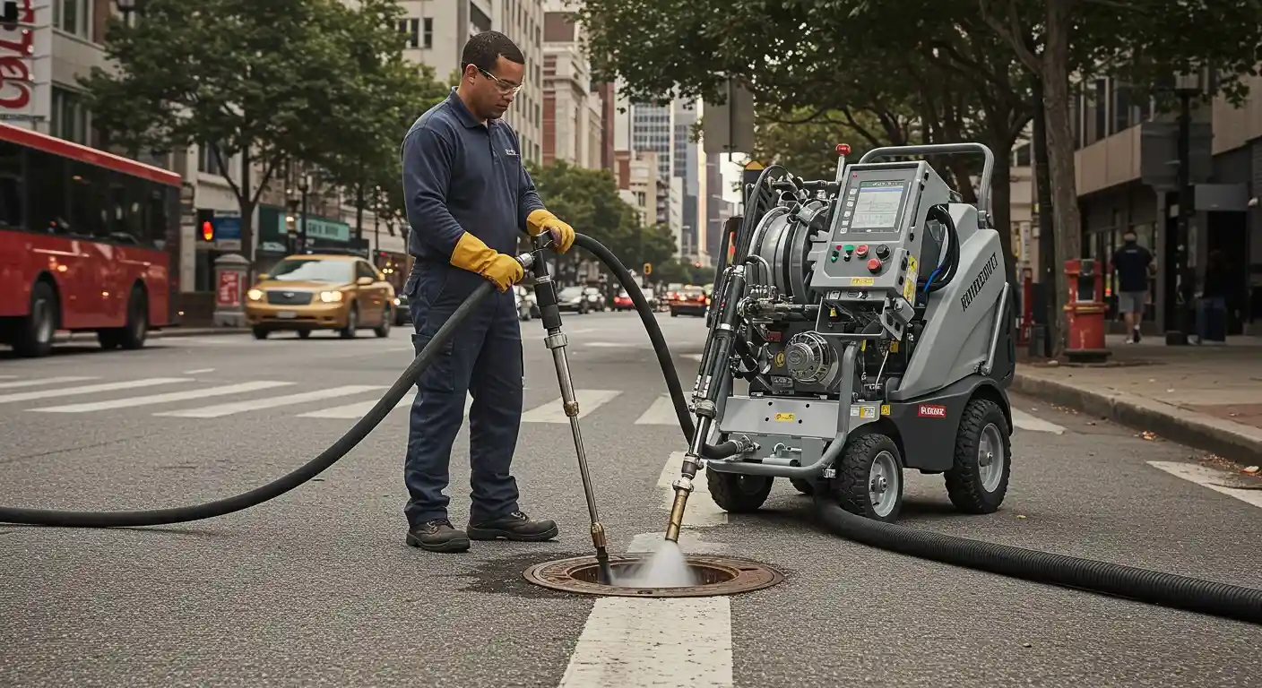 A person jet-cleans a manhole.