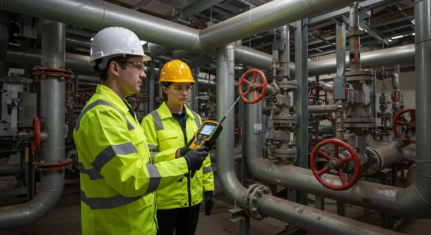 Two industrial workers with pipes leakage.